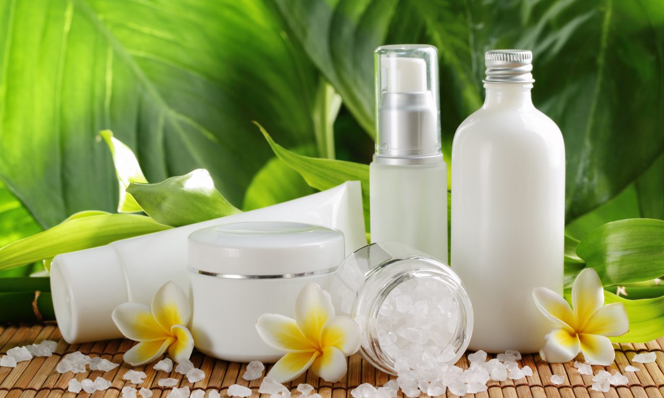 Spa still life with perfume bottles and salt